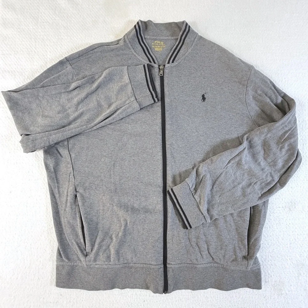 Polo Ralph Lauren Track Jacket Mens 2XL Full Zip Ribbed Trim Gray Cardigan